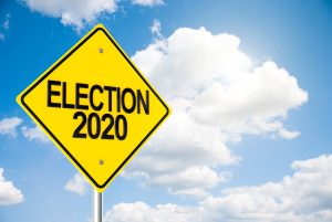Road sign Election 2020 on sky Three-dimensional rendering of road sign Election 2020 on the blue sky represents Presidential Election in USA, 3D illustration